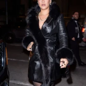 NYC Rihanna Black Fur Trim Leather Coat