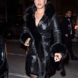 NYC Rihanna Black Fur Trim Leather Coat