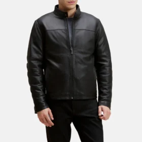 Men’s Black Moto Leather Jacket with Chest Yoke Design