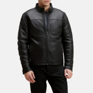 Men’s Black Moto Leather Jacket with Chest Yoke Design