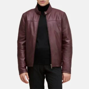 Men’s Maroon Moto Leather Jacket with Chest Yoke Design