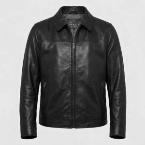 Men’s Black Leather Harrington Jacket with Shirt Collar