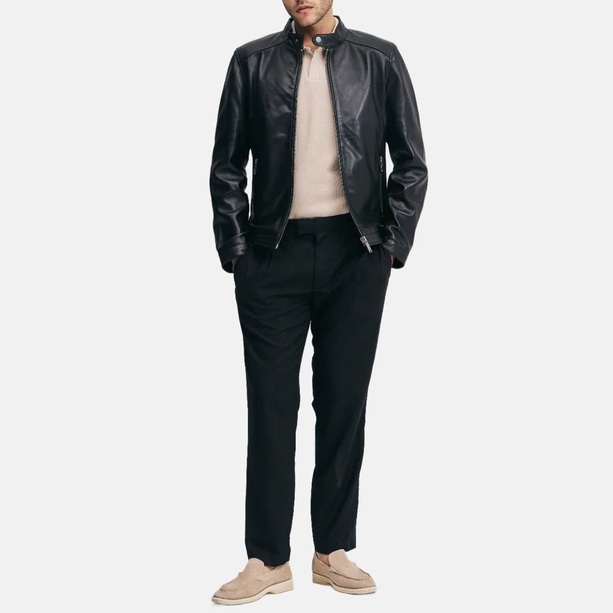 Men’s Black Cafe Racer Leather Jacket - Image 7