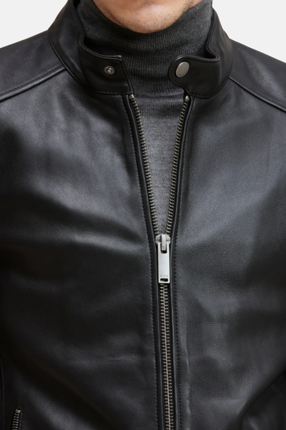Men’s Black Cafe Racer Leather Jacket - Image 6