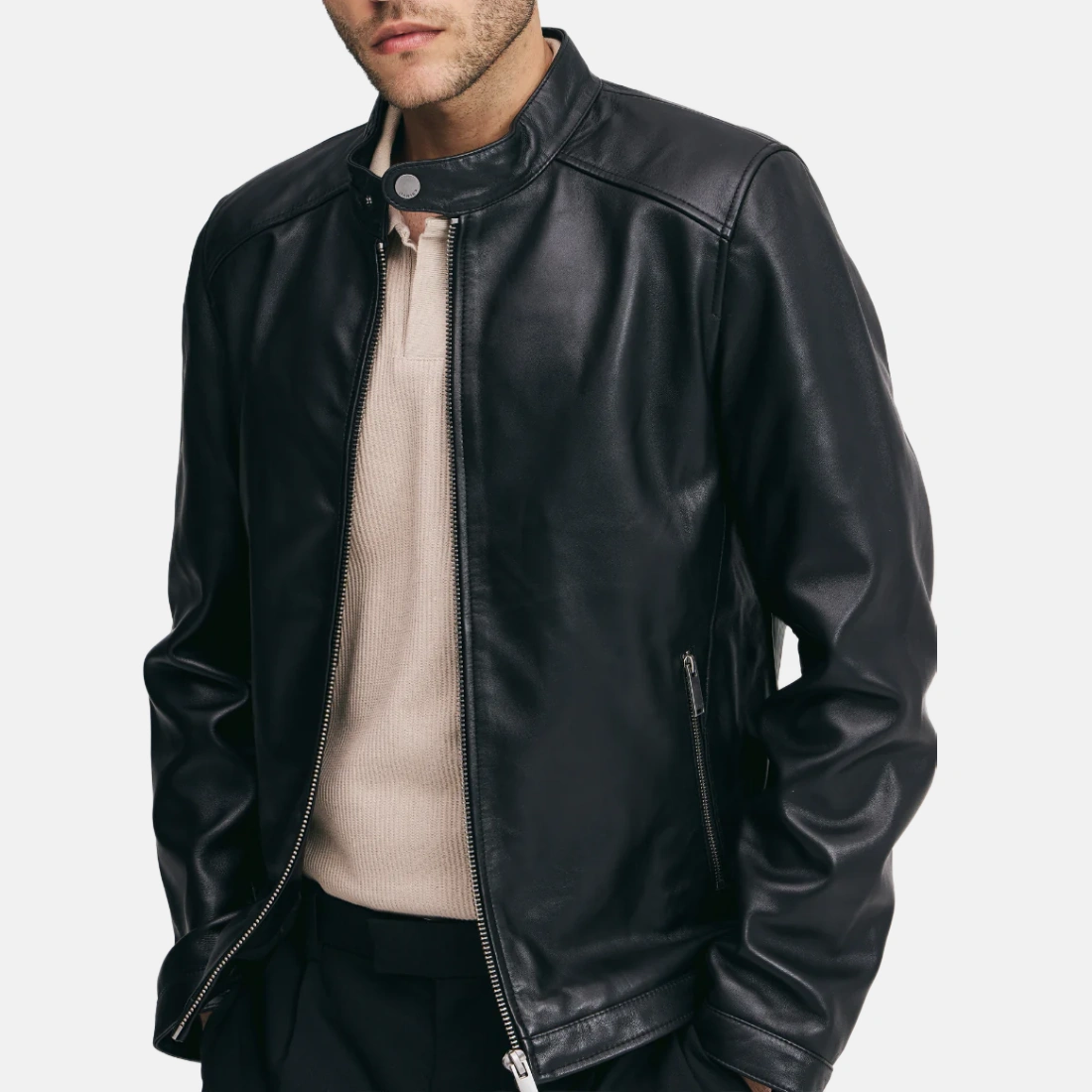 Men’s Black Cafe Racer Leather Jacket - Image 4