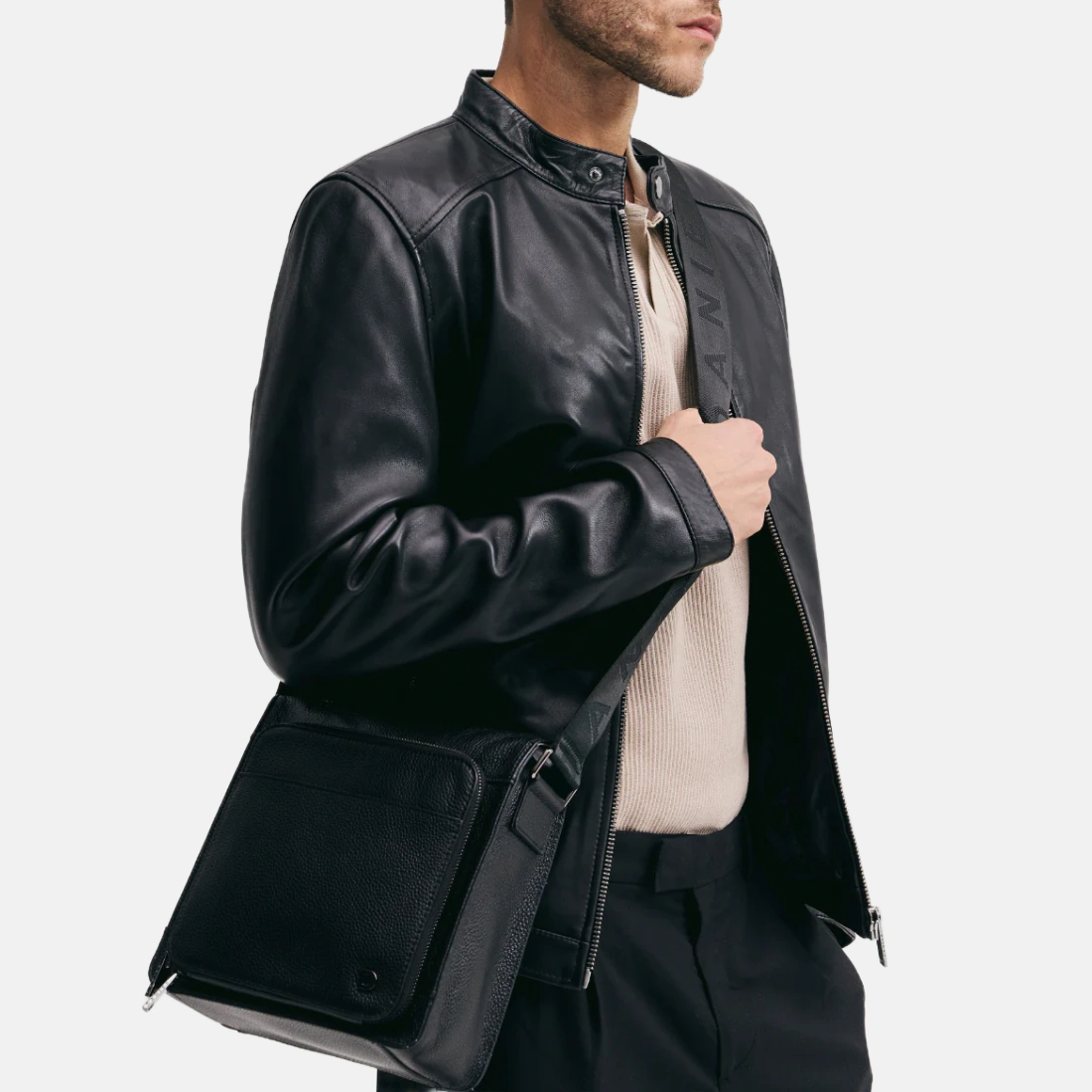 Men’s Black Cafe Racer Leather Jacket - Image 3