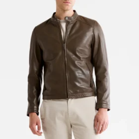 Men’s Khaki Cafe Racer Leather Jacket