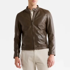 Men’s Khaki Cafe Racer Leather Jacket