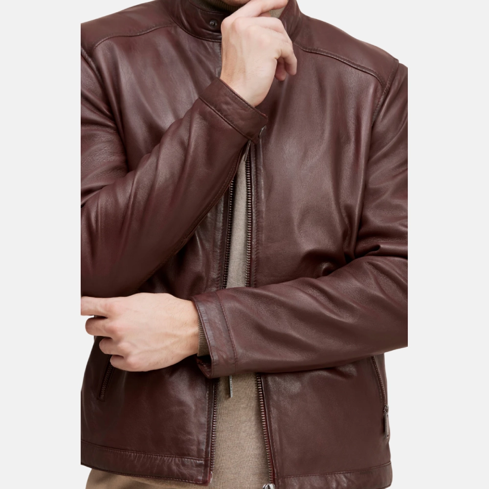 Men’s Burgundy Cafe Racer Leather Jacket - Image 4