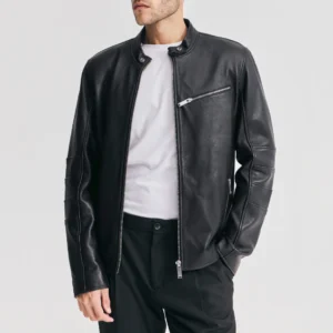 Men’s Black Leather Moto Jacket with Chest Zip Pocket