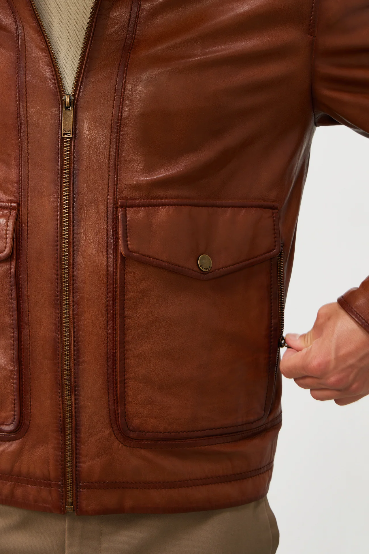 Men’s Brown Leather Flight Jacket with Shirt Collar Style - Image 6