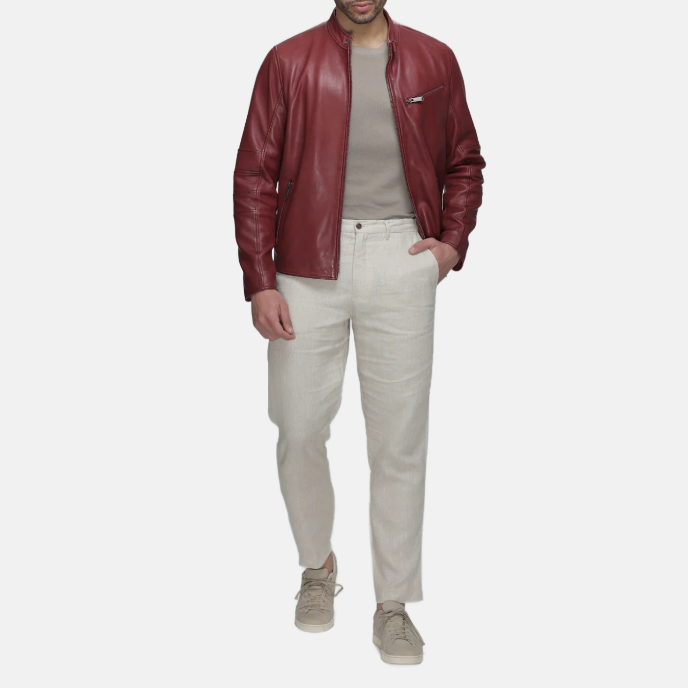 Men’s Red Leather Moto Jacket with Chest Zip Pocket - Image 6
