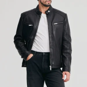 Men’s Black Leather Moto Jacket with Adjustable Waist