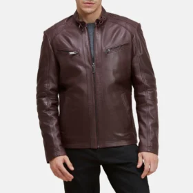 Men’s Dark Maroon Leather Moto Jacket with Adjustable Waist