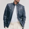 mens adjustable waist navy leather jacket