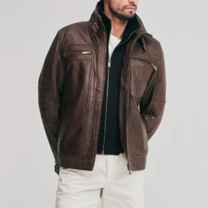 Men’s Brown Bomber Leather Jacket with Detachable Storm