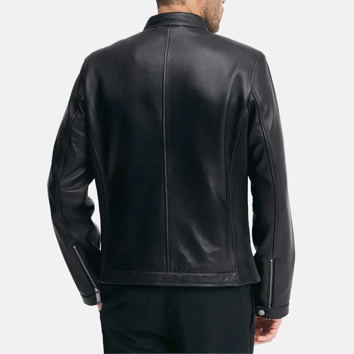 Men’s Black Cafe Racer Leather Jacket - Image 2