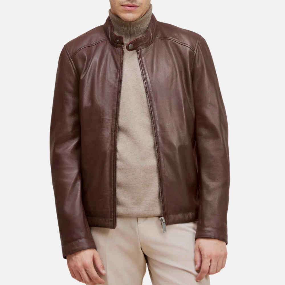 Men’s Burgundy Cafe Racer Leather Jacket - Image 3