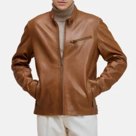 Men’s Brown Leather Moto Jacket with Chest Zip Pocket
