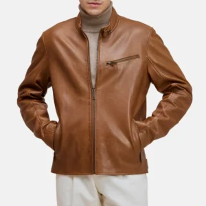 Men’s Brown Leather Moto Jacket with Chest Zip Pocket