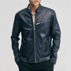 Men’s Navy Leather Moto Jacket with Chest Zip Pocket