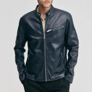 Men’s Navy Leather Moto Jacket with Chest Zip Pocket