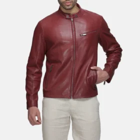 Men’s Red Leather Moto Jacket with Chest Zip Pocket