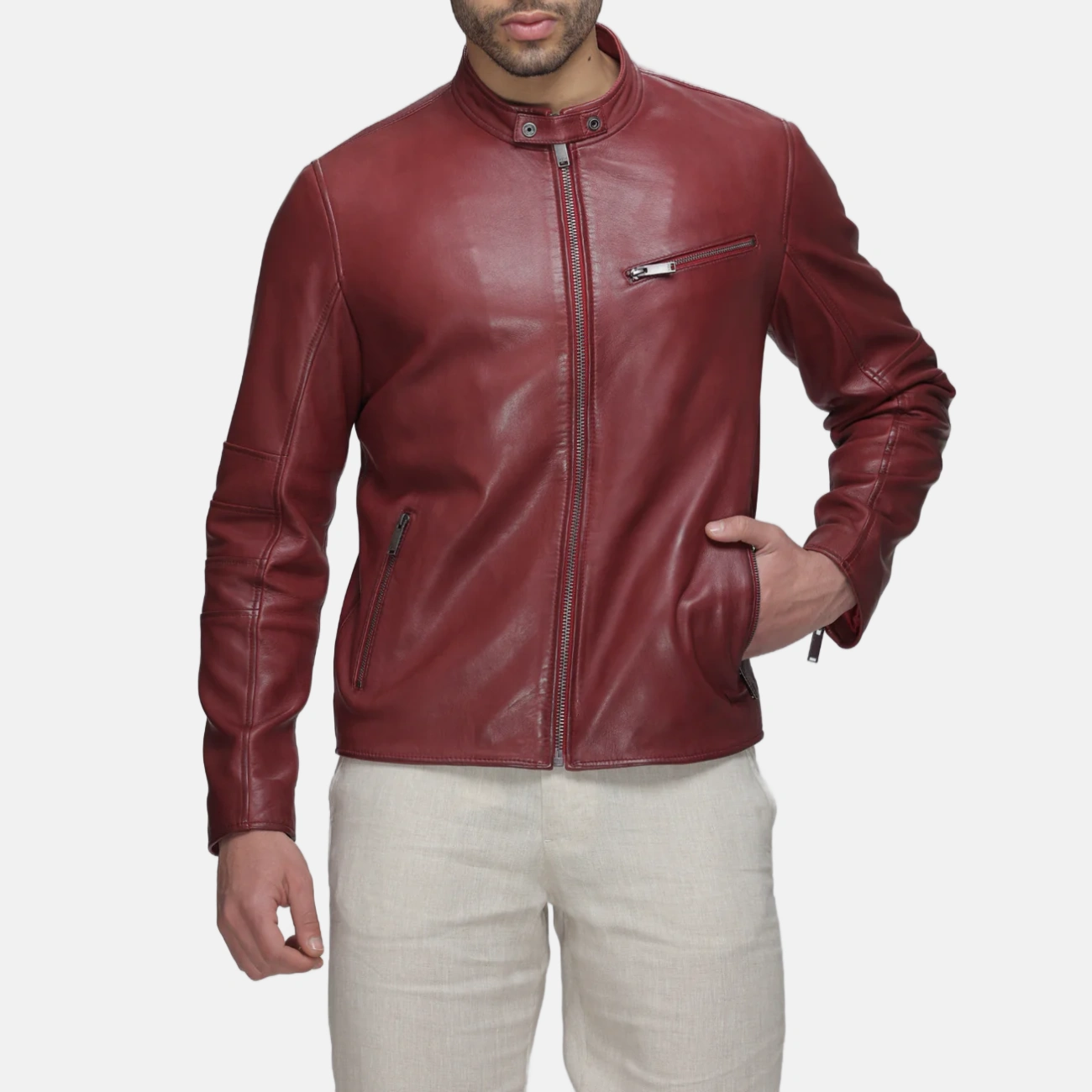 Men’s Red Leather Moto Jacket with Chest Zip Pocket