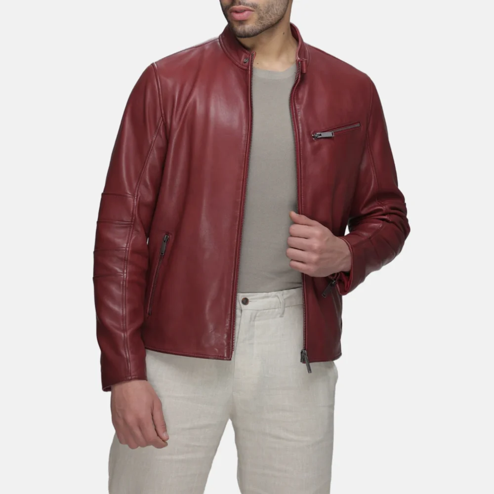 Men’s Red Leather Moto Jacket with Chest Zip Pocket - Image 3