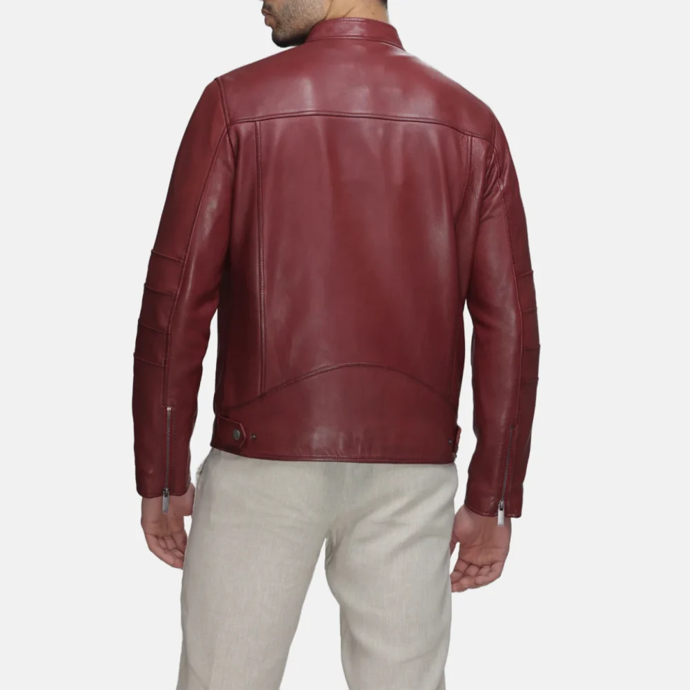 Men’s Red Leather Moto Jacket with Chest Zip Pocket - Image 2