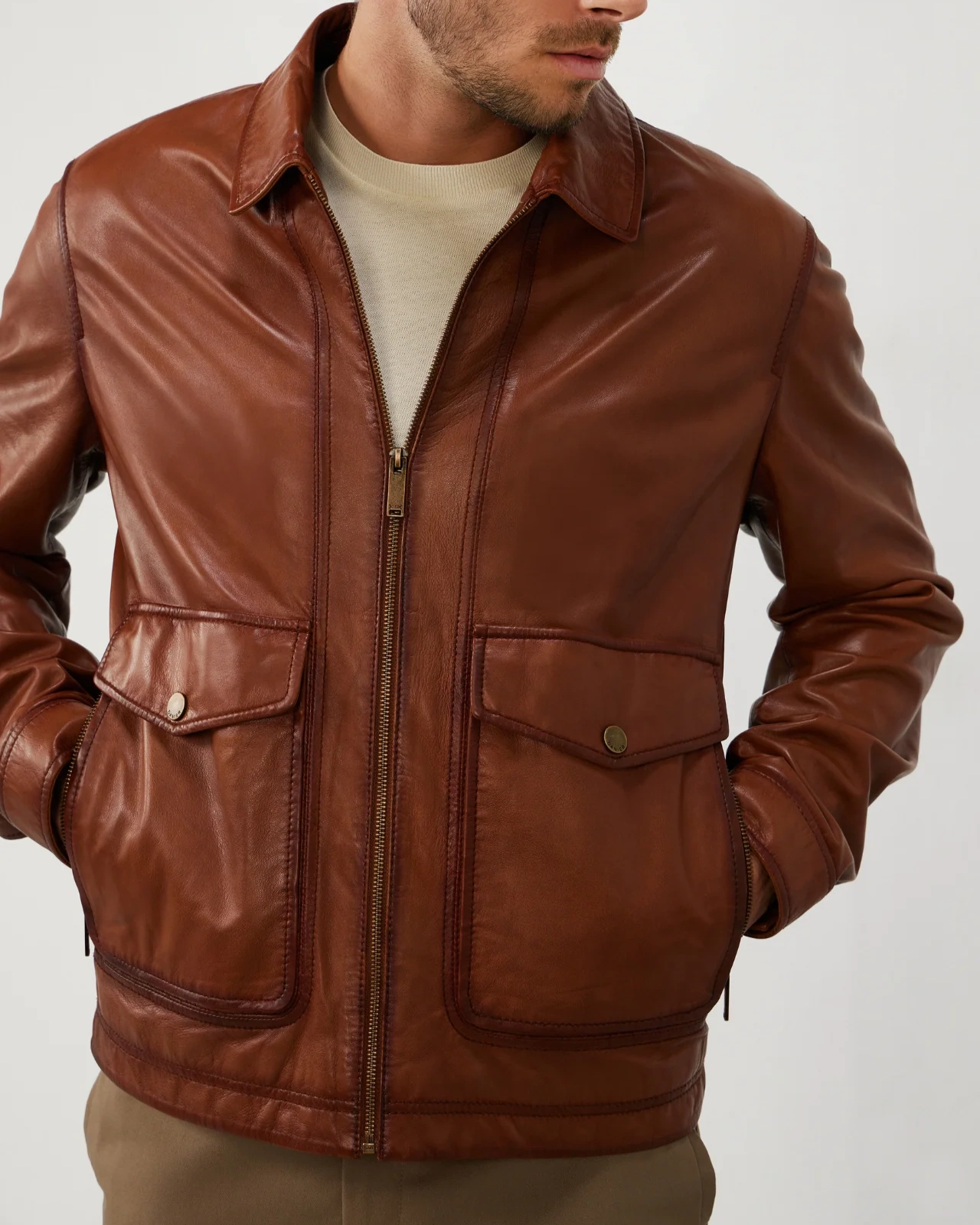 Men’s Brown Leather Flight Jacket with Shirt Collar Style - Image 4