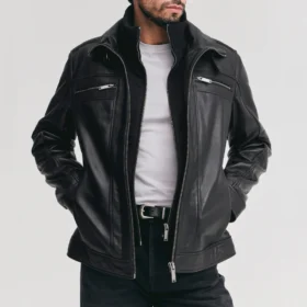 Men’s Black Bomber Leather Jacket with Detachable Storm
