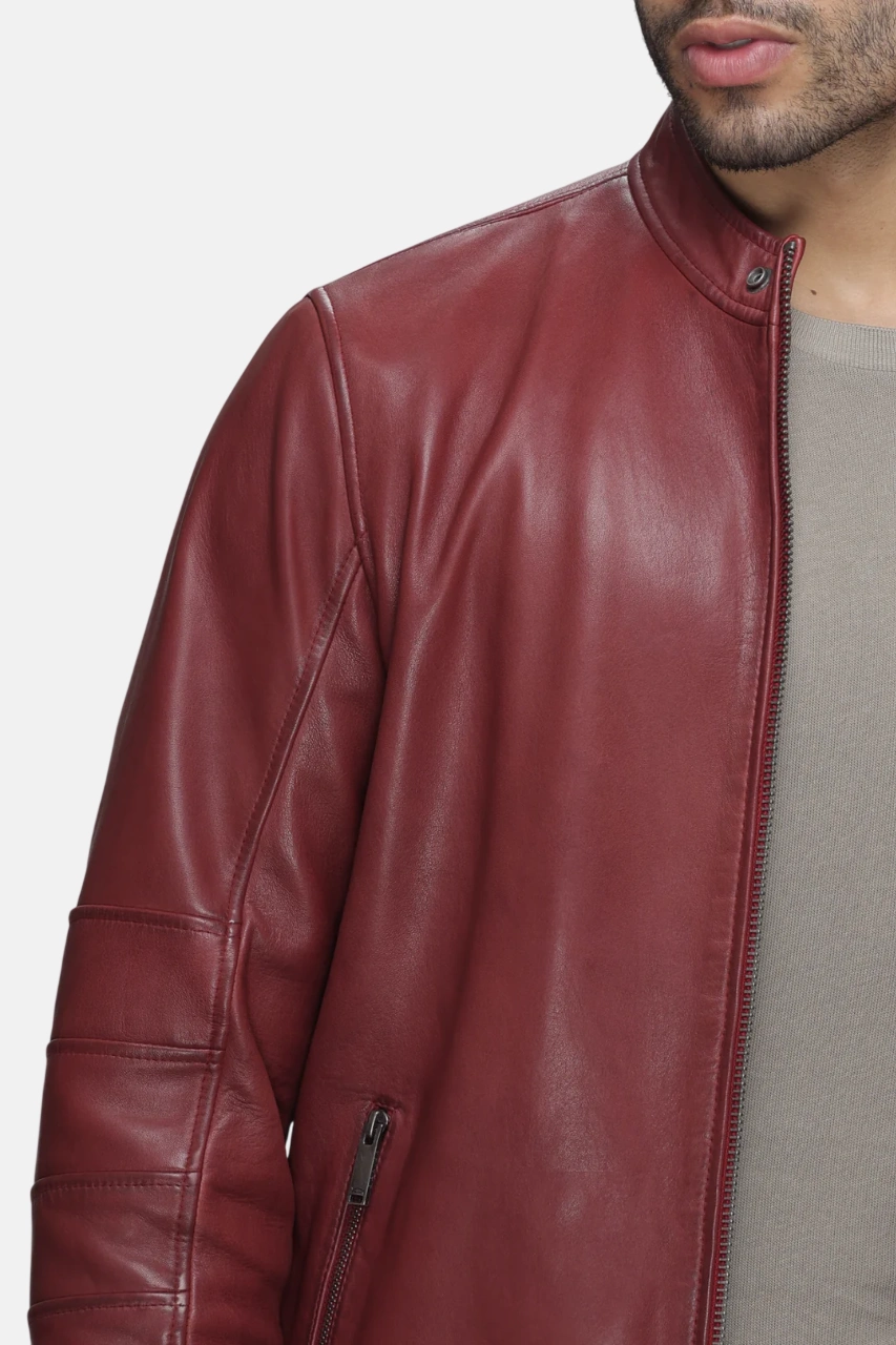 Men’s Red Leather Moto Jacket with Chest Zip Pocket - Image 5