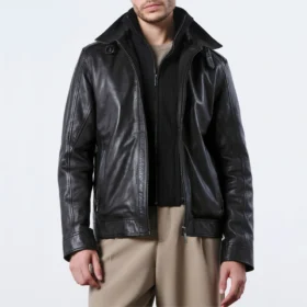 Men’s Black Leather Bomber Jacket with Hybrid Design