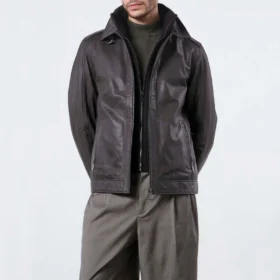 Men’s Dark Brown Leather Bomber Jacket with Hybrid Design
