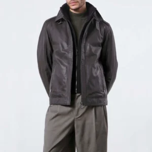 Men’s Dark Brown Leather Bomber Jacket with Hybrid Design