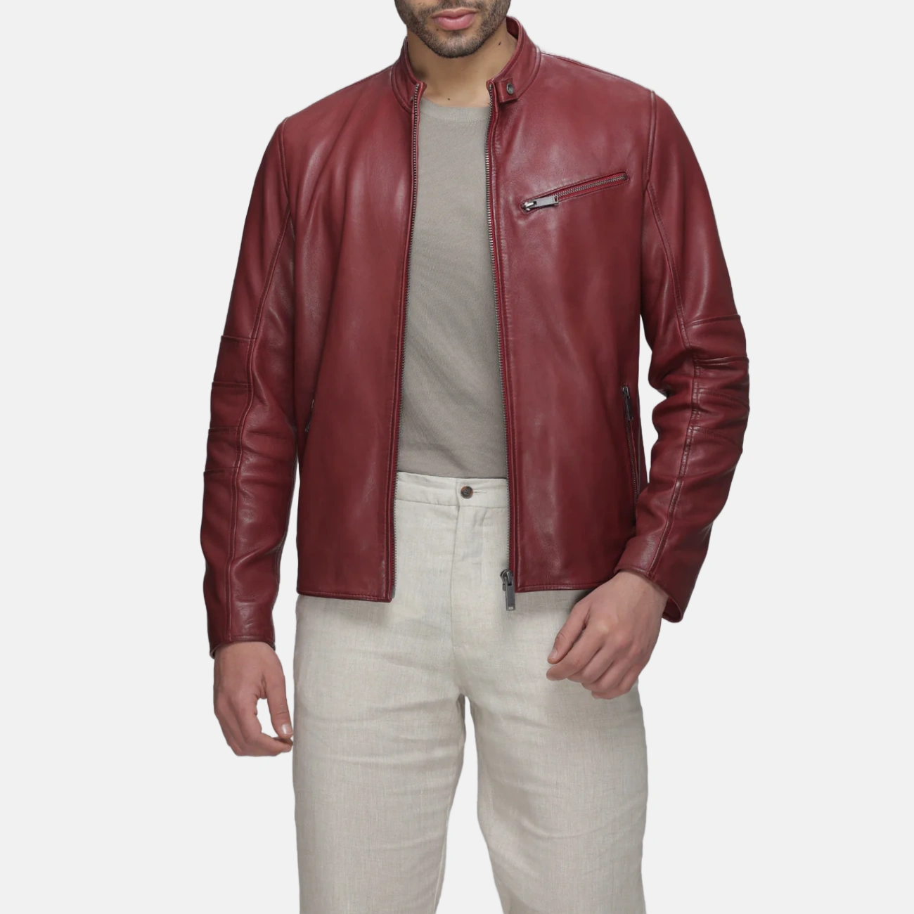 Men’s Red Leather Moto Jacket with Chest Zip Pocket - Image 4