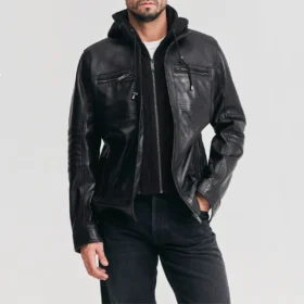 Men’s Black Leather Bomber Jacket with Removable Hood
