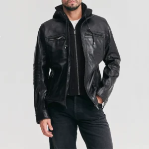 Men’s Black Leather Bomber Jacket with Removable Hood