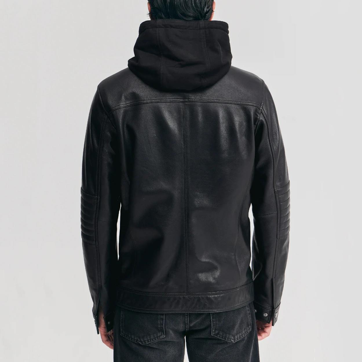 Men’s Black Leather Bomber Jacket with Removable Hood - Image 2