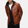 mens removable hood brown leather bomber jacket