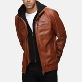 Men’s Brown Leather Bomber Jacket with Removable Hood