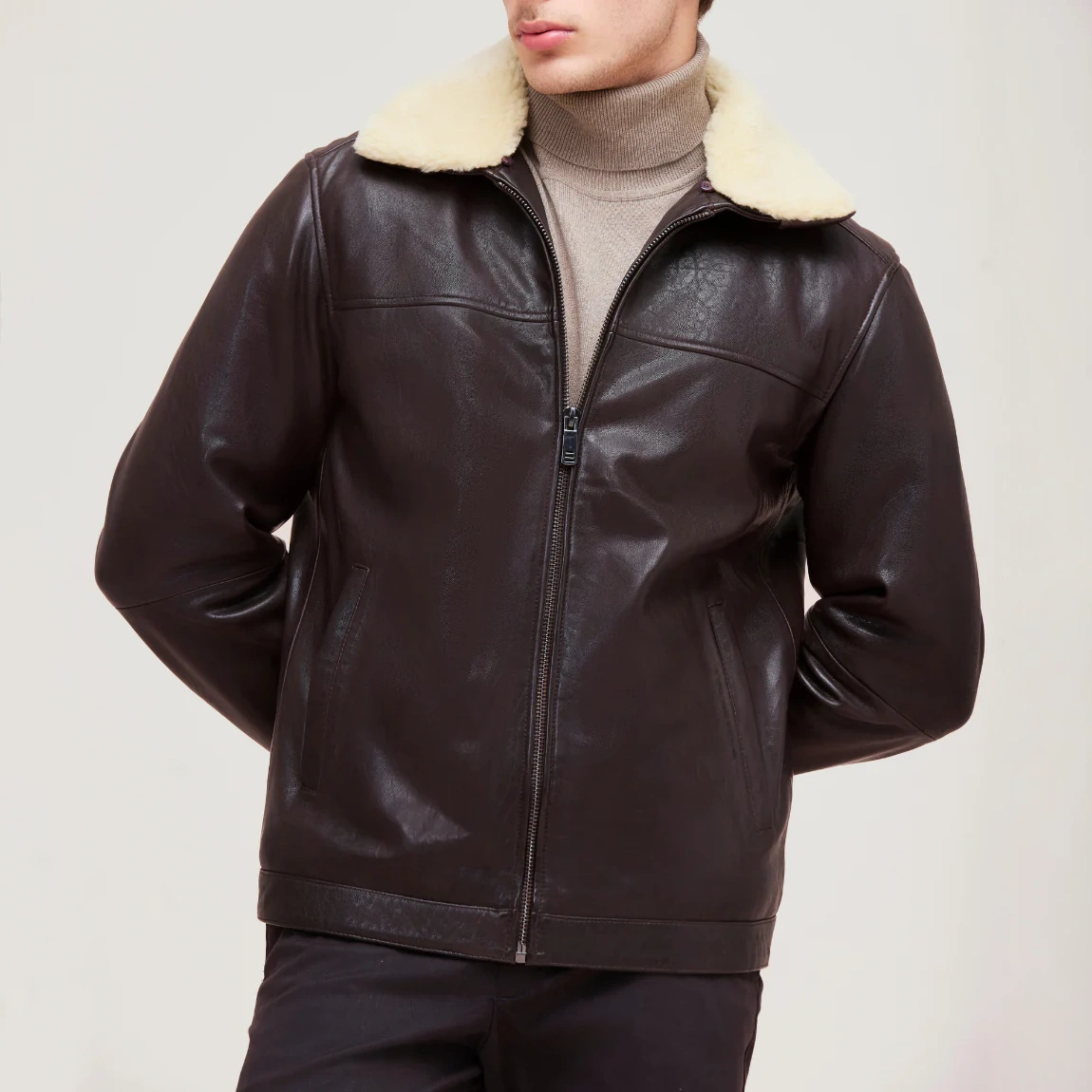 Men’s Brown Shearling Leather Jacket - Image 3
