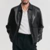 mens shirt collar black leather flight jacket