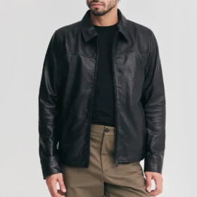 Men’s Black Leather Harrington Jacket with Shirt Collar