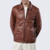 mens shirt collar brown leather bomber jacket