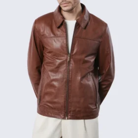 Men’s Brown Leather Harrington Jacket with Shirt Collar
