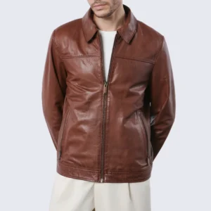Men’s Brown Leather Harrington Jacket with Shirt Collar