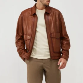 Men’s Brown Leather Flight Jacket with Shirt Collar Style