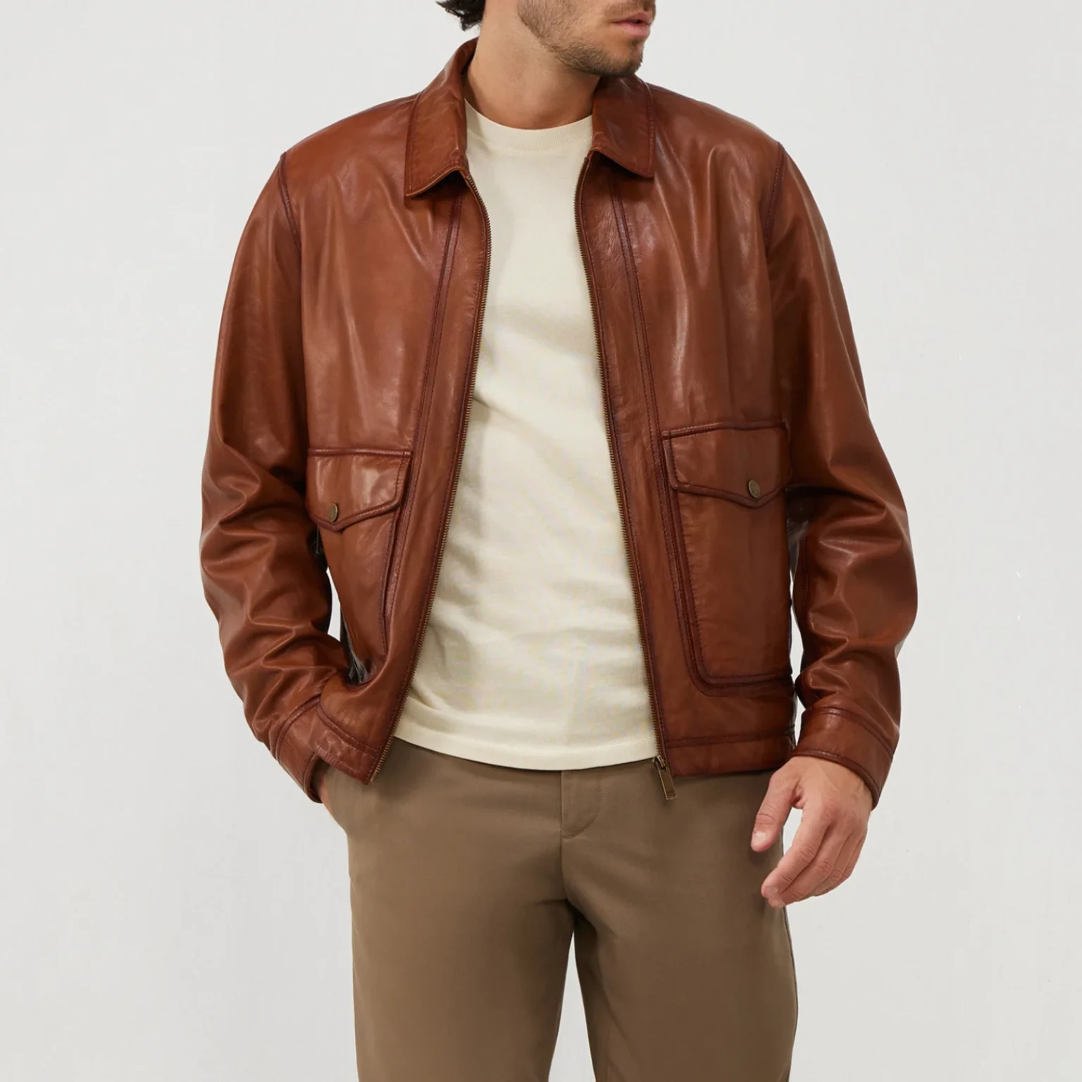 Men’s Brown Leather Flight Jacket with Shirt Collar Style